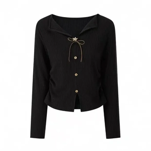 T恤小众木质五角星花朵纽扣修身 蝴蝶结v领长袖 显瘦上衣 女装 大码