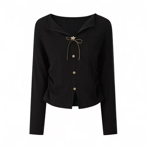 蝴蝶结v领长袖T恤小众木质五角星