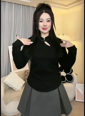 中国风复古盘扣T恤女新中式春秋新款半高领大码宽松上衣T恤女