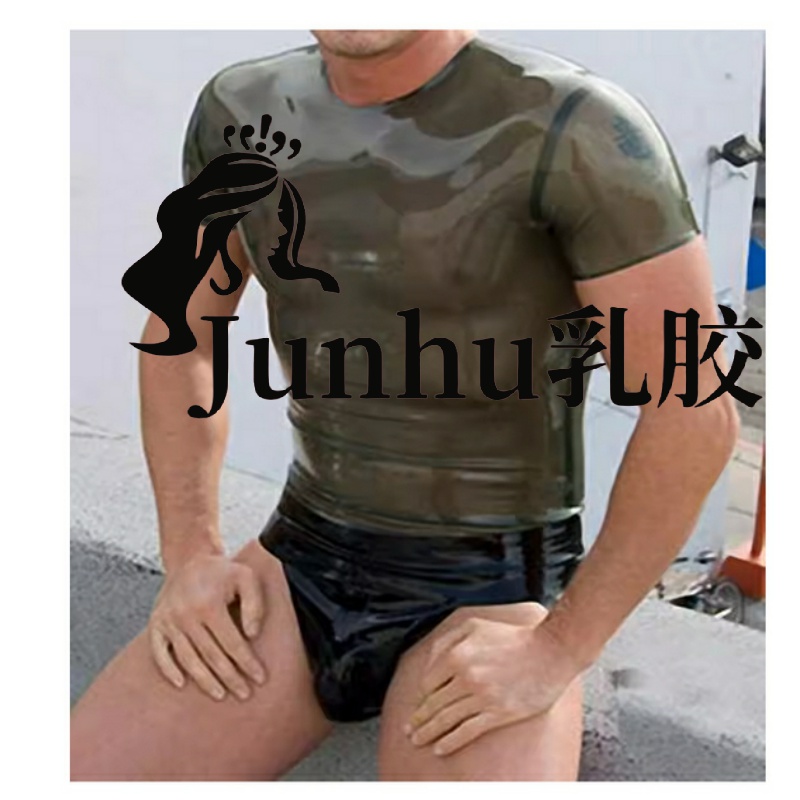 透明橄榄绿性感乳胶男式T恤橡胶短袖上衣