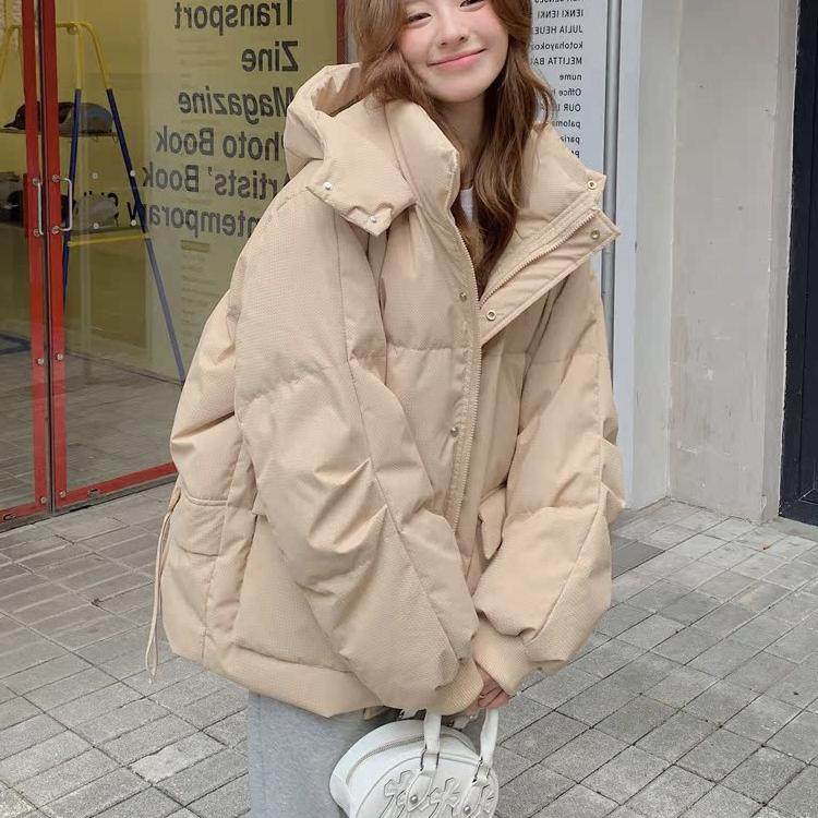 卡其色连帽羽绒棉服女短款2025年冬季新款韩系加厚棉衣面包服棉袄