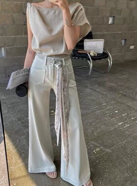 欧货白色直筒不贴腿微喇叭牛仔裤女26春季宽松弹力阔腿筒喇长裤