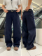 宽松休闲显瘦流行爆款 弯刀裤 直筒 女2026春款 欧货藏青色加绒牛仔裤