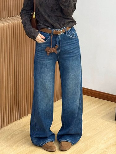 欧货加绒牛仔裤女2025冬季深蓝色窄版阔腿裤小马直筒拖地裤宽松