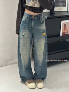欧洲站26早秋新款欧美风高腰做旧彩色立体串珠宽松阔腿牛仔裤女