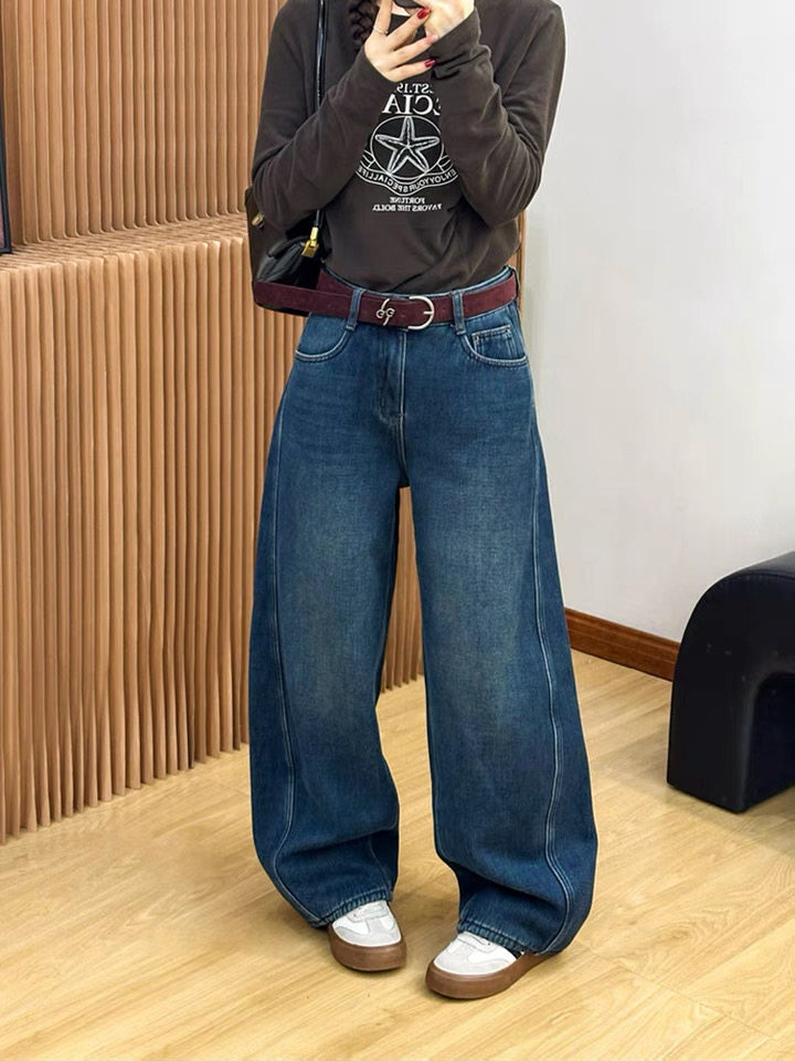 欧货加绒加厚牛仔裤女2025冬季弯刀裤深蓝色慵懒风宽松阔腿显瘦,女装/女士精品,牛仔裤,淘宝优惠券,粉丝福利购,淘宝优惠卷