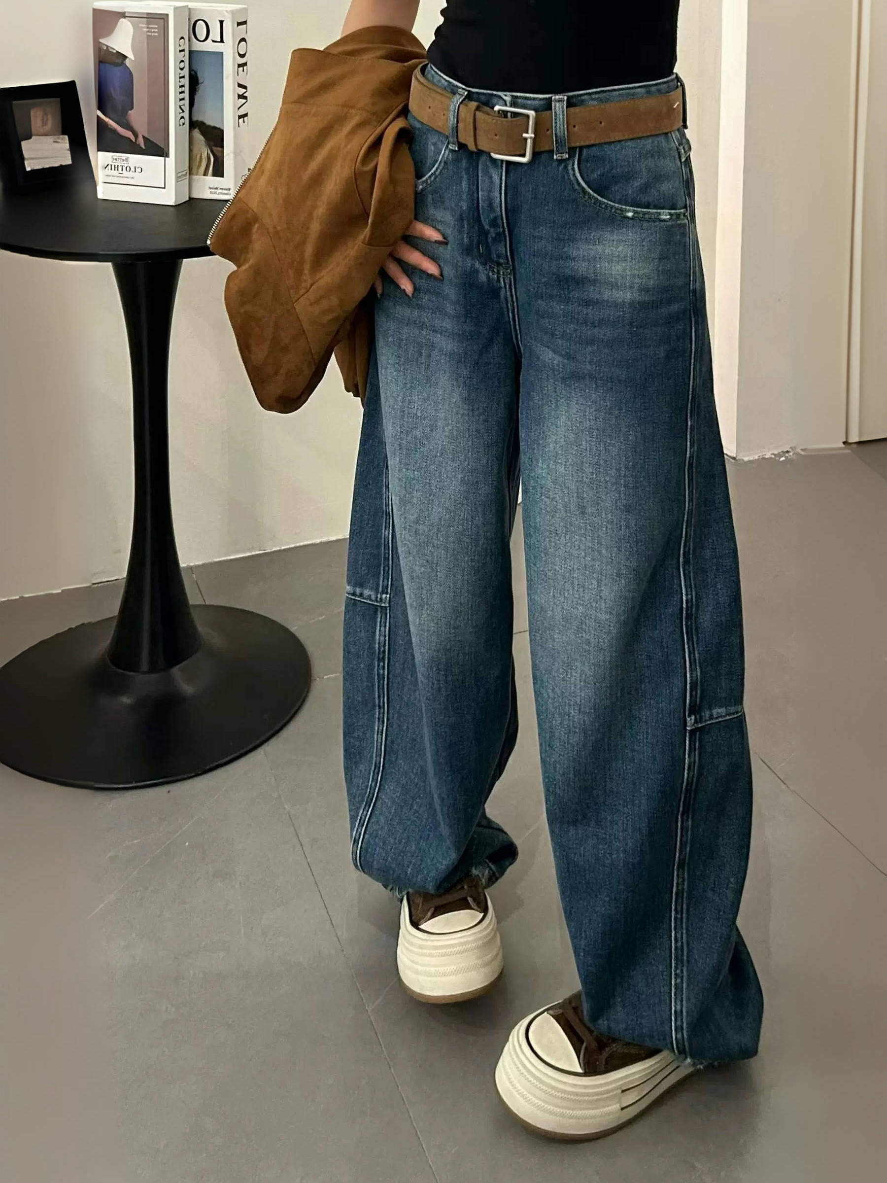 加厚绒欧货牛仔裤女2025冬季慵懒风弯刀裤深蓝色宽松休闲直筒显瘦,女装/女士精品,牛仔裤,淘宝优惠券,粉丝福利购,淘宝优惠卷