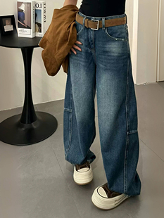 加厚绒欧货牛仔裤女2025冬季慵懒风弯刀裤深蓝色宽松休闲直筒显瘦