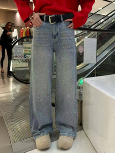 满天星烫钻水钻牛仔裤女2026早春不加绒阔腿裤直筒拖地裤时尚潮流