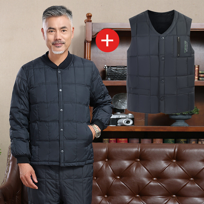 中老年鸭绒丝服套装男三件套短款老人保暖加厚爸爸装内穿上衣裤子