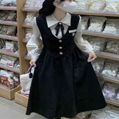 法式学院风黑色连衣裙女新款春秋季教资面试艺考成人礼假两件裙子