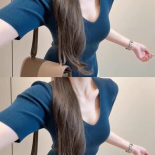 法式 T恤女夏季 高级感修身 显瘦冰丝正肩小上衣 气质蓝色V领针织短袖