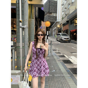 浪漫法式2026春夏新款女A字系带格纹无袖连衣裙