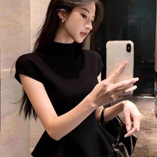法式 T恤女夏季 设计感小众收腰显瘦短袖 上衣 小资黑色半高领飞飞袖