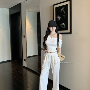 斜肩短款 姐系魅力套装 新款 白色修身 子 上衣宽松运动阔腿裤
