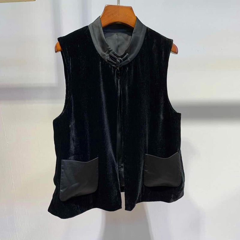 高定真丝丝绒盘扣马甲秋20新品低奢复古口袋拼背心女薄款马夹外套