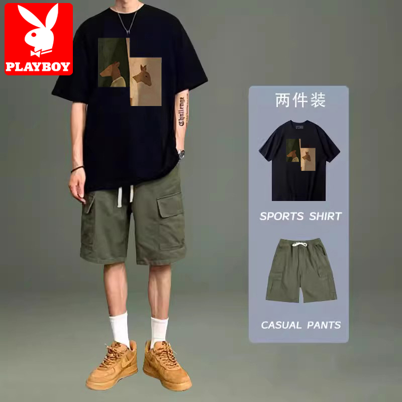 花花公子短袖t恤男款夏季潮牌套装宽松纯棉休闲半袖痞帅一套穿搭