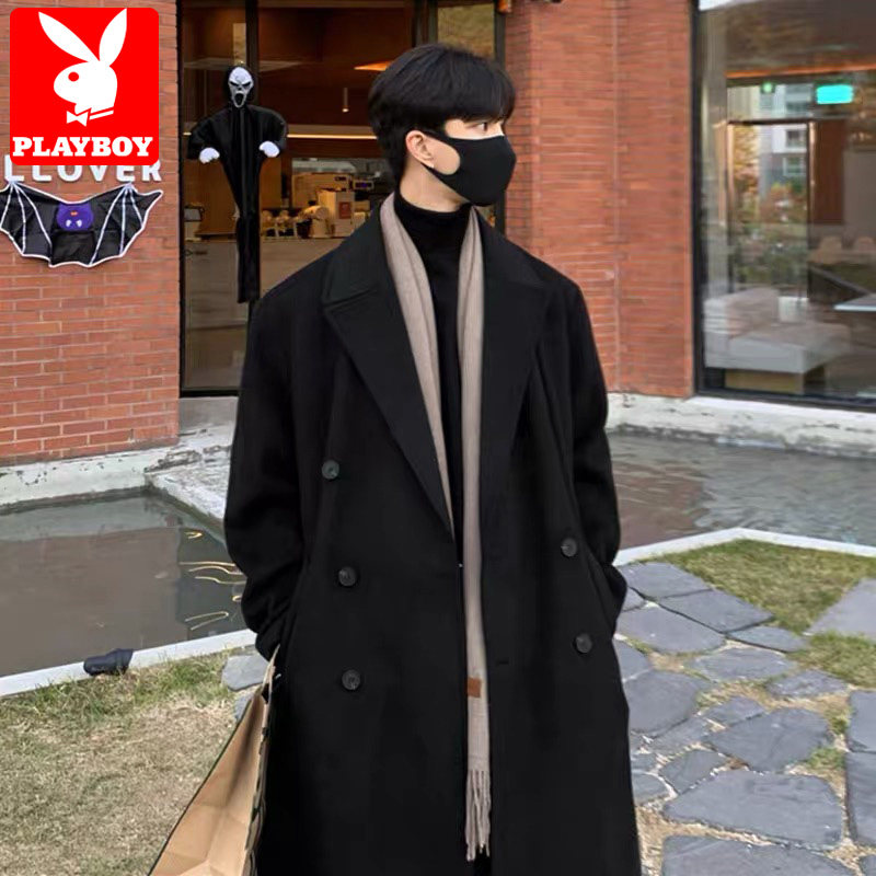 花花公子中长款毛呢大衣 男士春秋英伦风衣 韩版修身呢子外套 过