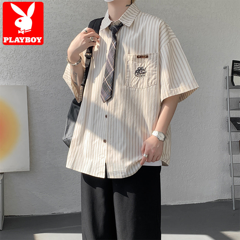 花花公子条纹刺绣短袖衬衫男夏季学院风宽松显瘦情侣半袖衬衣外套