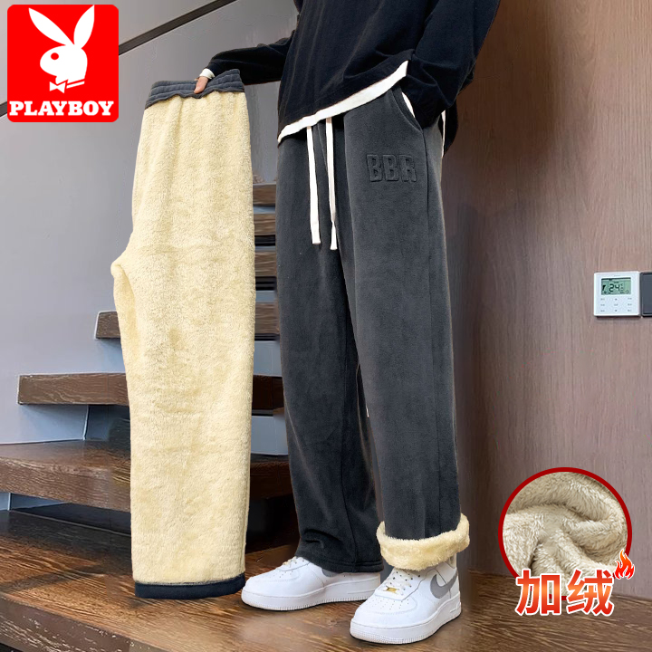 花花公子羊羔绒裤子男款秋冬季加绒加厚保暖宽松直筒休闲卫裤男生