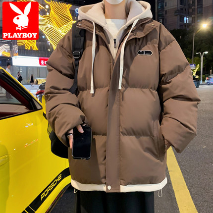花花公子假两件棉服男冬季潮牌美式连帽外套男款加绒加厚羽绒棉衣