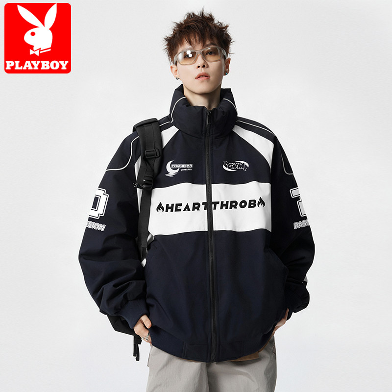 花花公子棉服外套男款秋冬季美式潮牌痞帅撞色加厚保暖机车服棉衣
