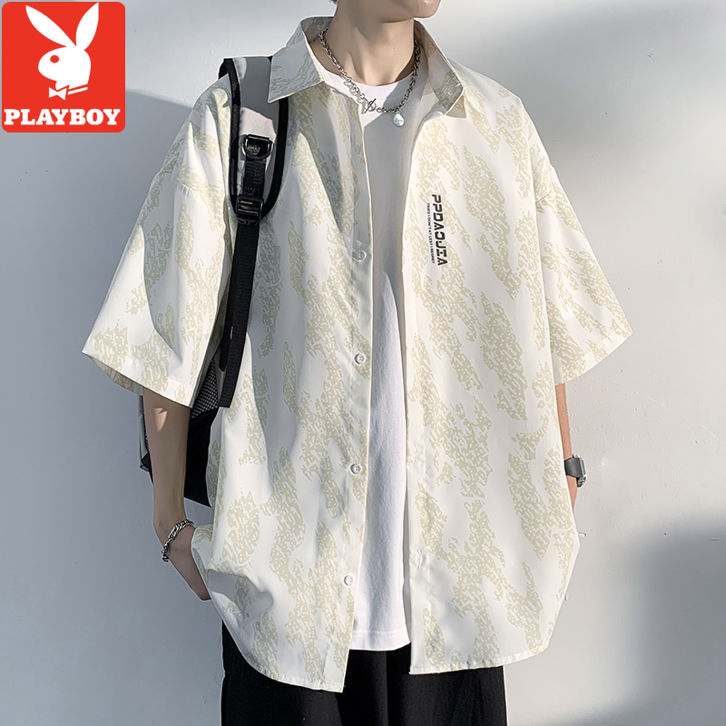 花花公子冰丝衬衫男短袖夏季薄款衣服男士休闲外套夏天长袖花衬衣