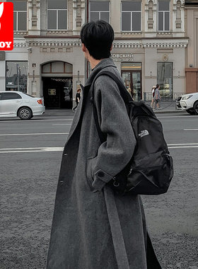 花花公子毛呢大衣男秋冬季中长款潮牌风衣青少年痞帅翻领呢子外套