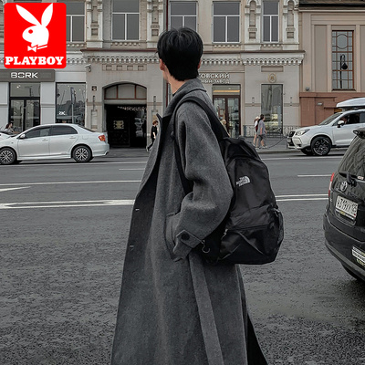 花花公子毛呢大衣男秋冬季中长款潮牌风衣青少年痞帅翻领呢子外套