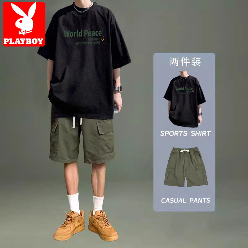花花公子短袖t恤男士夏季纯棉宽松半袖潮牌痞帅穿搭一套休闲套装