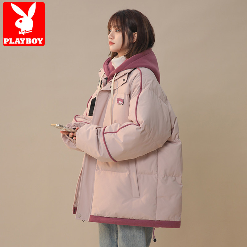 花花公子棉服外套男冬季假两件加厚面包服潮牌宽松青少年连帽棉衣