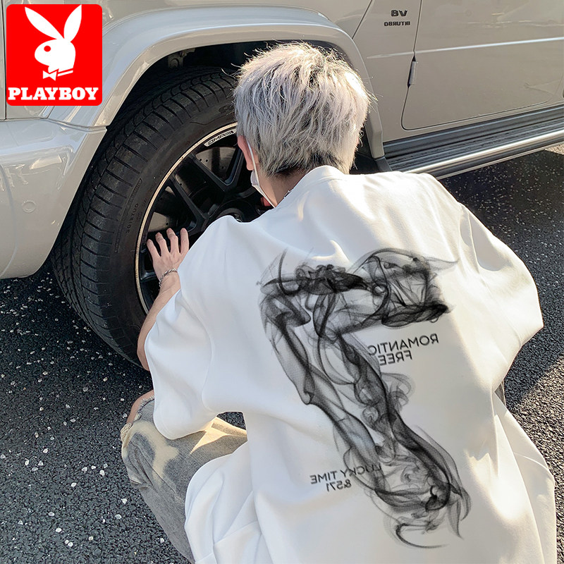 花花公子男士短袖t恤夏季重磅纯棉潮流印花美式宽松圆领五分半袖