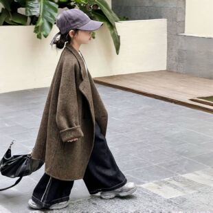 女童双面羊毛绒呢子大衣中大童氛围感时尚气质羊毛呢长款过膝外套