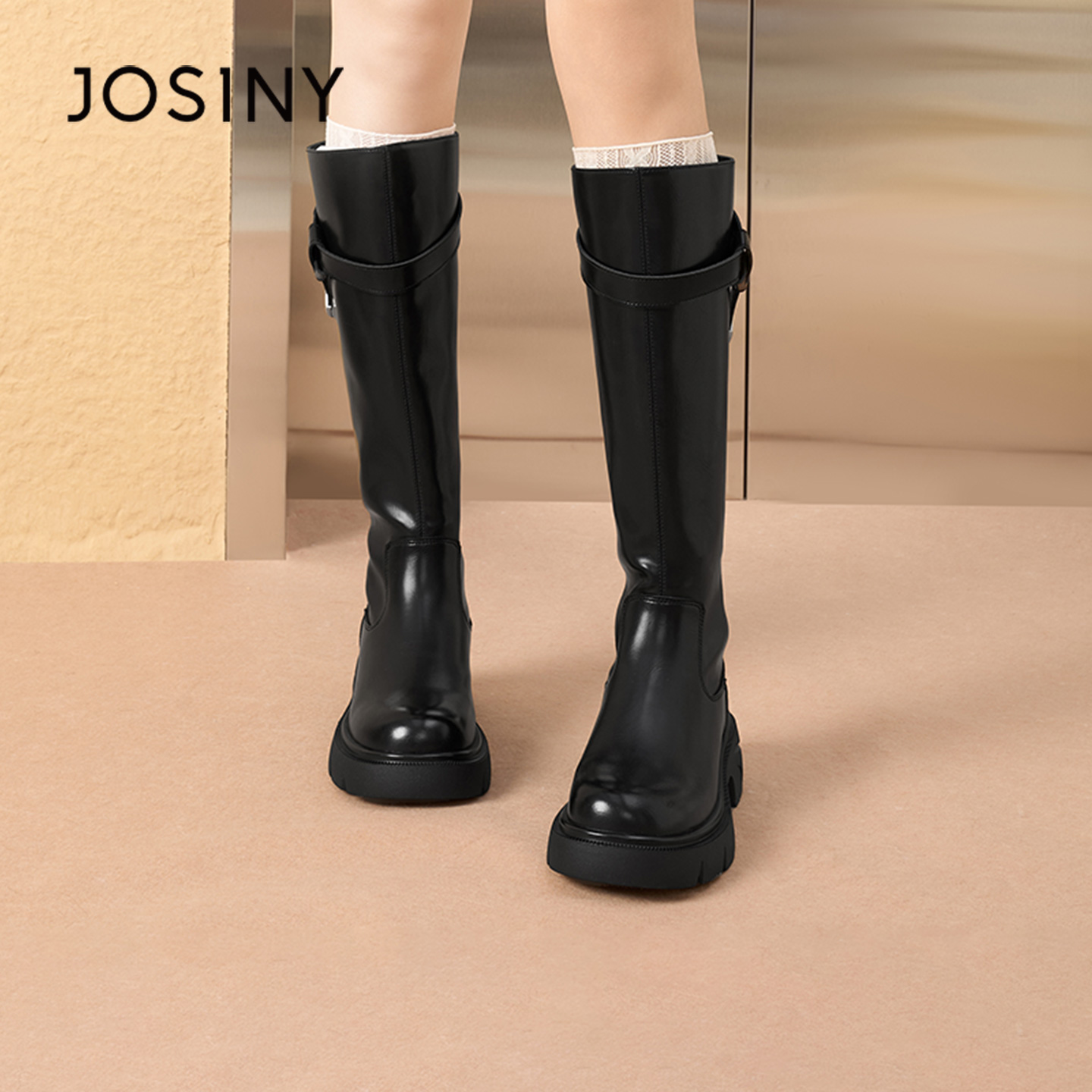 卓诗尼皮带扣骑士靴女长筒厚底