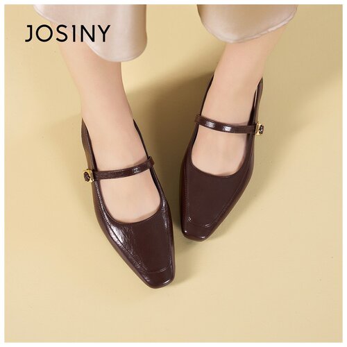 Josiny/卓诗尼方头玛丽珍鞋女粗跟一字扣带百搭棕色单鞋配裙子