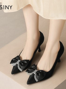 高跟鞋女卓诗尼女鞋2024新款春季蝴蝶结单鞋细跟黑色491A10711