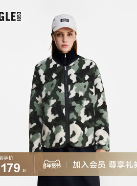 AIGLE艾高经典款户外休闲时尚印花拉链抓绒黑色上衣加厚外套女士
