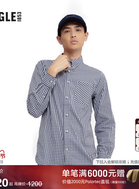 AIGLE艾高春秋季DFT速干男士休闲长袖格纹防晒衬衫法式蓝色上衣