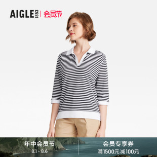 款 休闲七分袖 AIGLE艾高夏季 条纹时尚 女士POLO衫 V领T恤上衣短袖