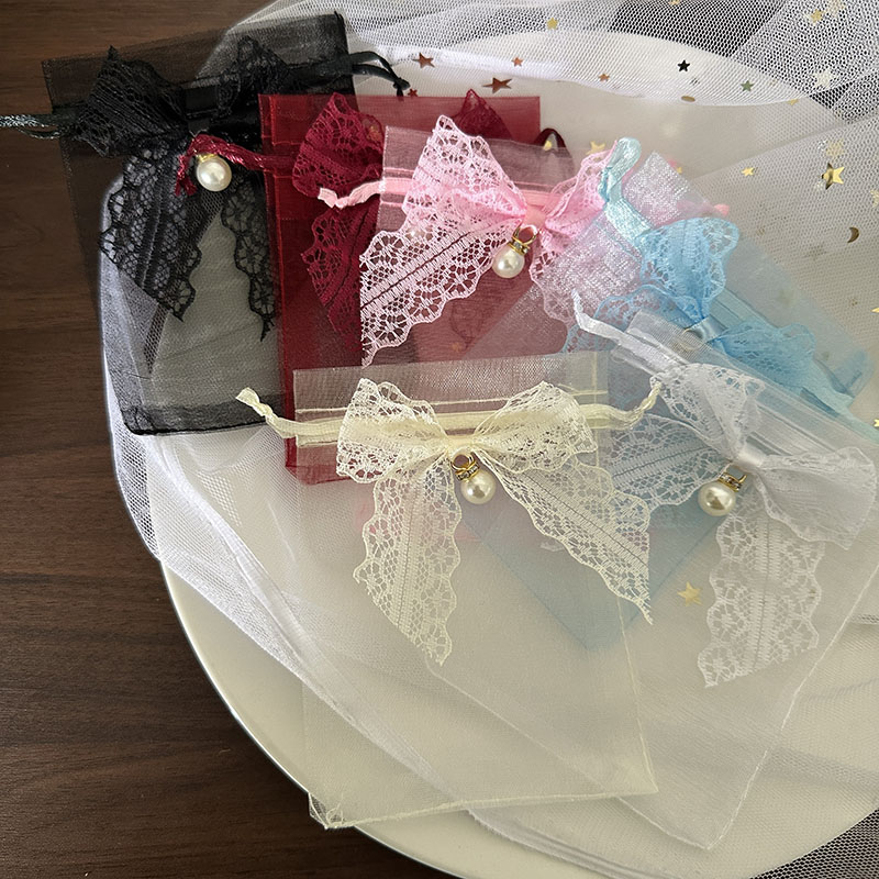 唯美蕾丝珍珠蝴蝶结纱袋饰品礼品包装袋抽绳束口喜糖袋透气网纱袋