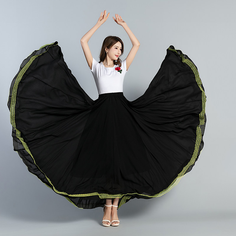 花边纯色半身裙女a字春夏雪纺长裙显瘦新疆广场舞裙大摆720垂坠感