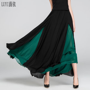 蕗依春夏新款双层雪纺半身长裙沙滩裙舞裙修身开叉性感大摆裙