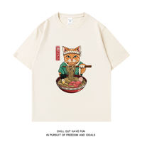 A trendy Japanese retro ramen cat print short-sleeved T-shirt for men, made of pure cotton, loose, large-sized, casual, round-neck, half-sleeved thumbnail 6