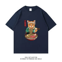 A trendy Japanese retro ramen cat print short-sleeved T-shirt for men, made of pure cotton, loose, large-sized, casual, round-neck, half-sleeved thumbnail 3