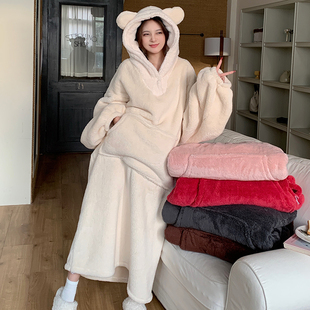 卫衣大睡袍珊瑚绒秋冬季 纯色睡裙 连帽睡衣女法兰绒可外穿懒人长款