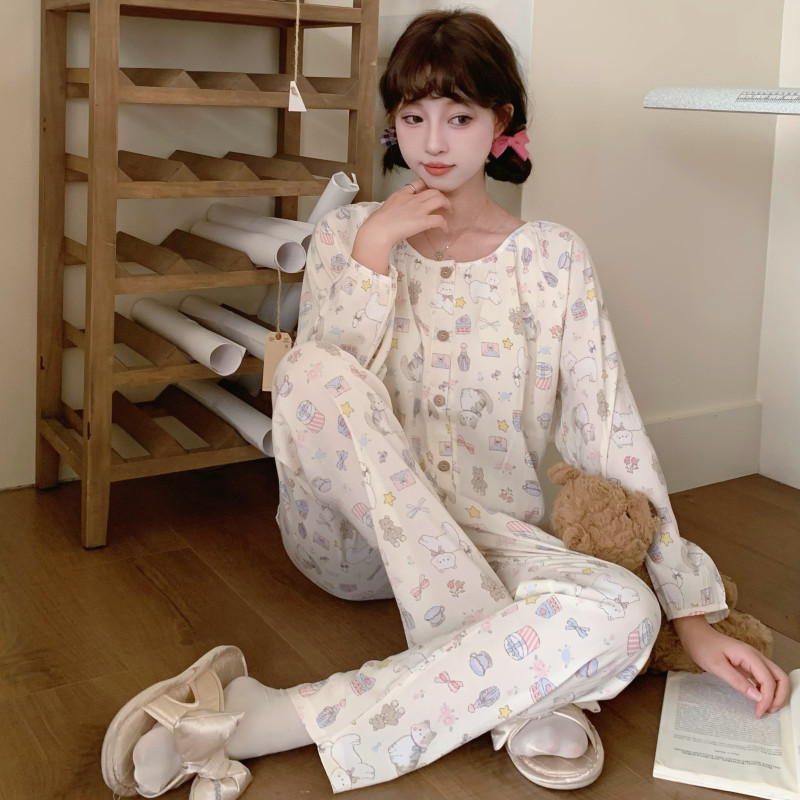 春秋女韩系宽松带胸垫睡衣套装