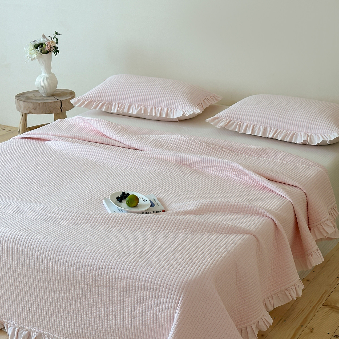 高端60支纯棉花边床盖三件套