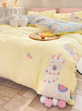 床上四件套秋天女孩儿童房黄色系全棉100纯棉 可爱卡通床单床笠款