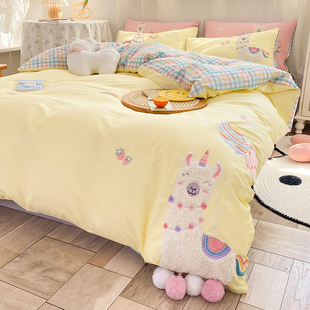 床上四件套秋天女孩儿童房黄色系全棉100纯棉 可爱卡通床单床笠款