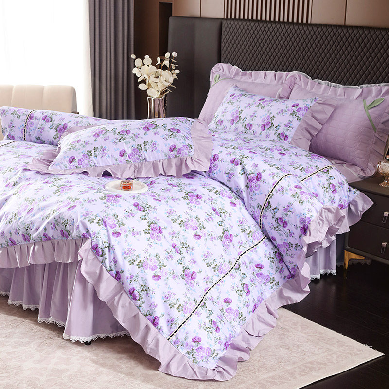 超好看的优质全棉四件套床裙紫色床品轻奢高级感2025新款四季通用